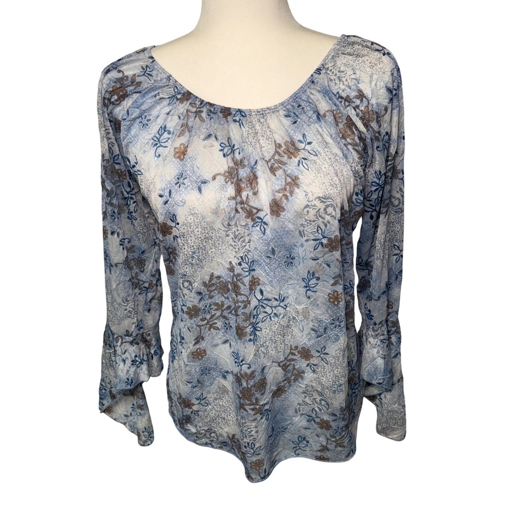 90s Zoey Beth Blue Floral Bell Sleeve‎ Peasant Blouse XL Boho Fairy Whimsigoth